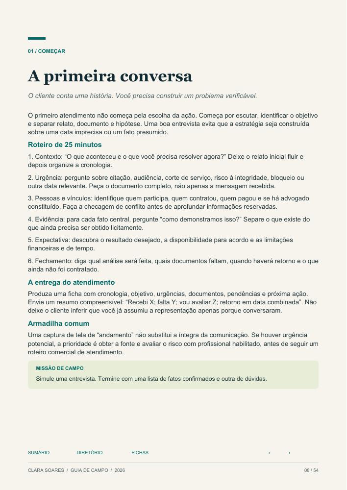 Prévia do capítulo A primeira conversa, com roteiro de entrevista e missão de campo